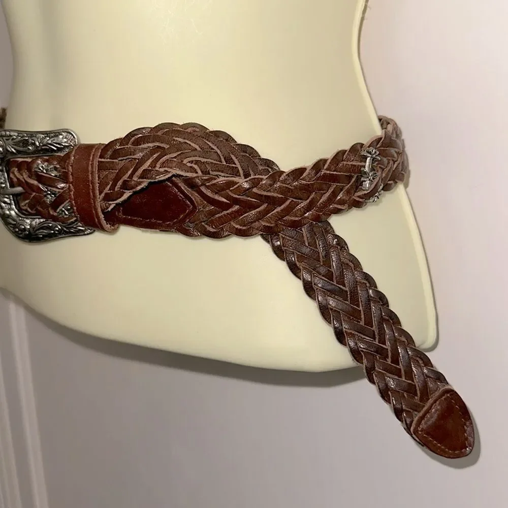 Vintage Boho Western Woven Braided Brown Leather Belt‎ with Floral Silver Buckle